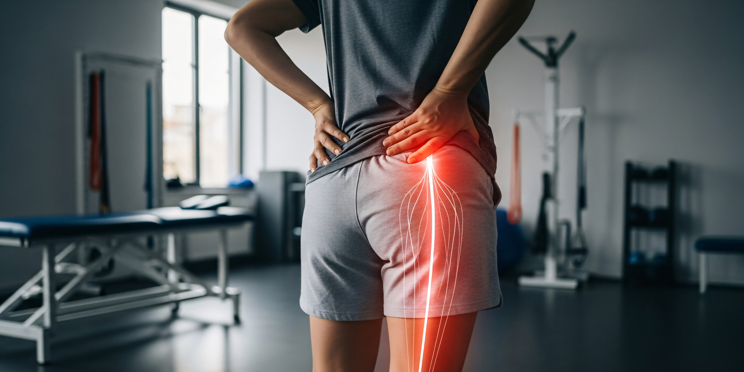A person holding their lower back, indicating discomfort from sciatica.