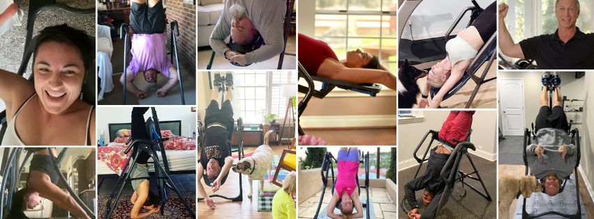 Collage of diverse individuals using inversion tables for exercise and relaxation, showcasing various postures and settings, highlighting the benefits of inversion therapy for improved health and wellness.