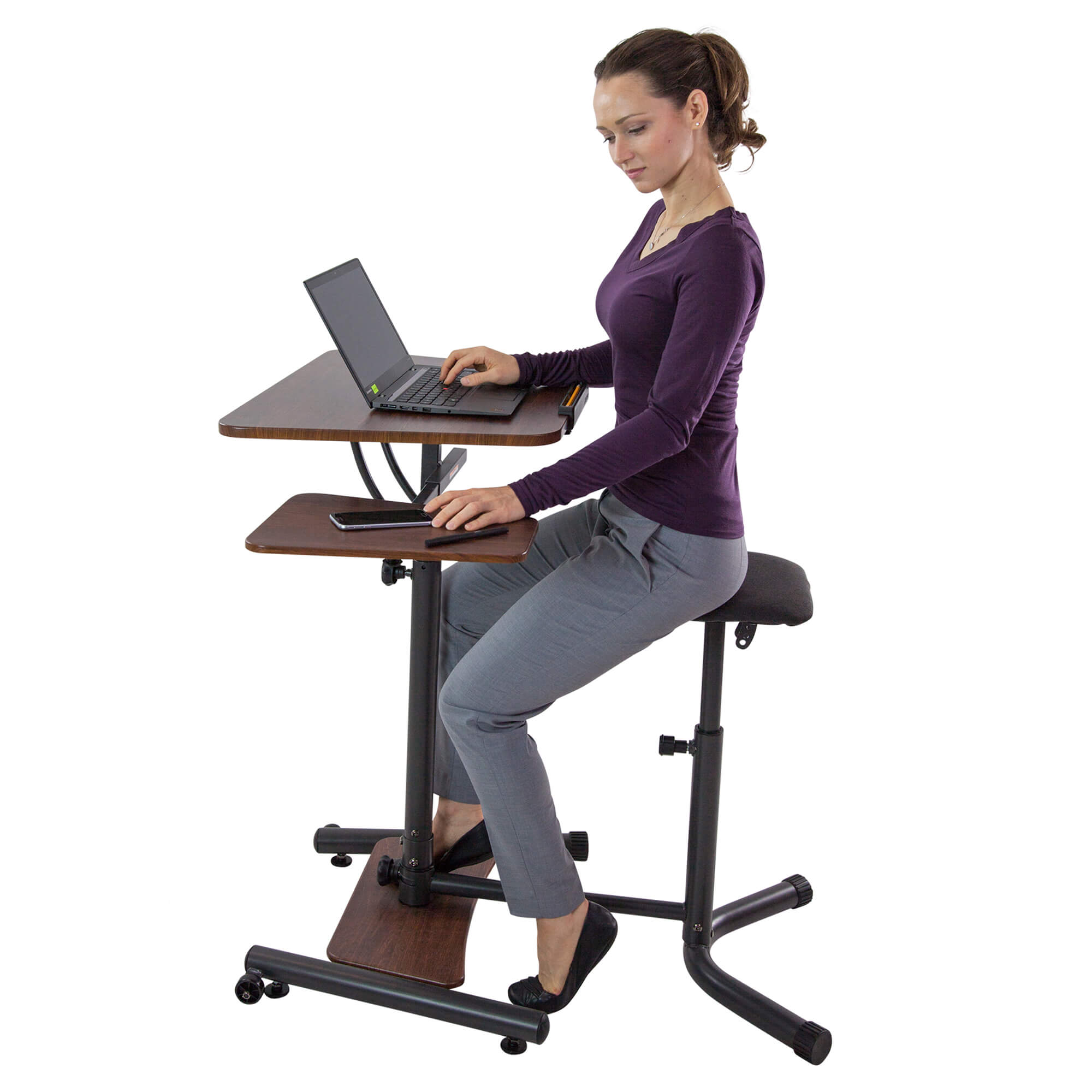 Teeter Sit-Stand Desk - Adjustable Height Ergonomic Workstation with Stool, Side Table, and Foot Platform.