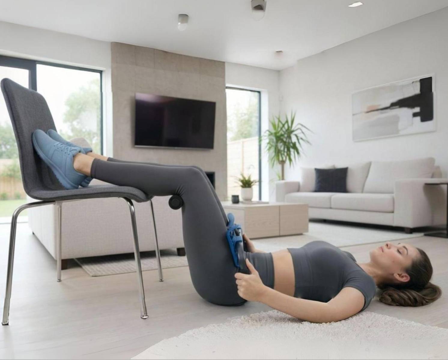 A woman lies on the floor with her legs raised on a chair using the P2 Back Stretcher