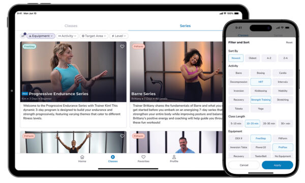 Tablet and phone displaying the Teeter Move App with class filters and Fit Your Fit series videos.