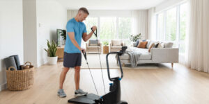 A man exercises on a Teeter FitForm Home Gym in a cozy living room setting.