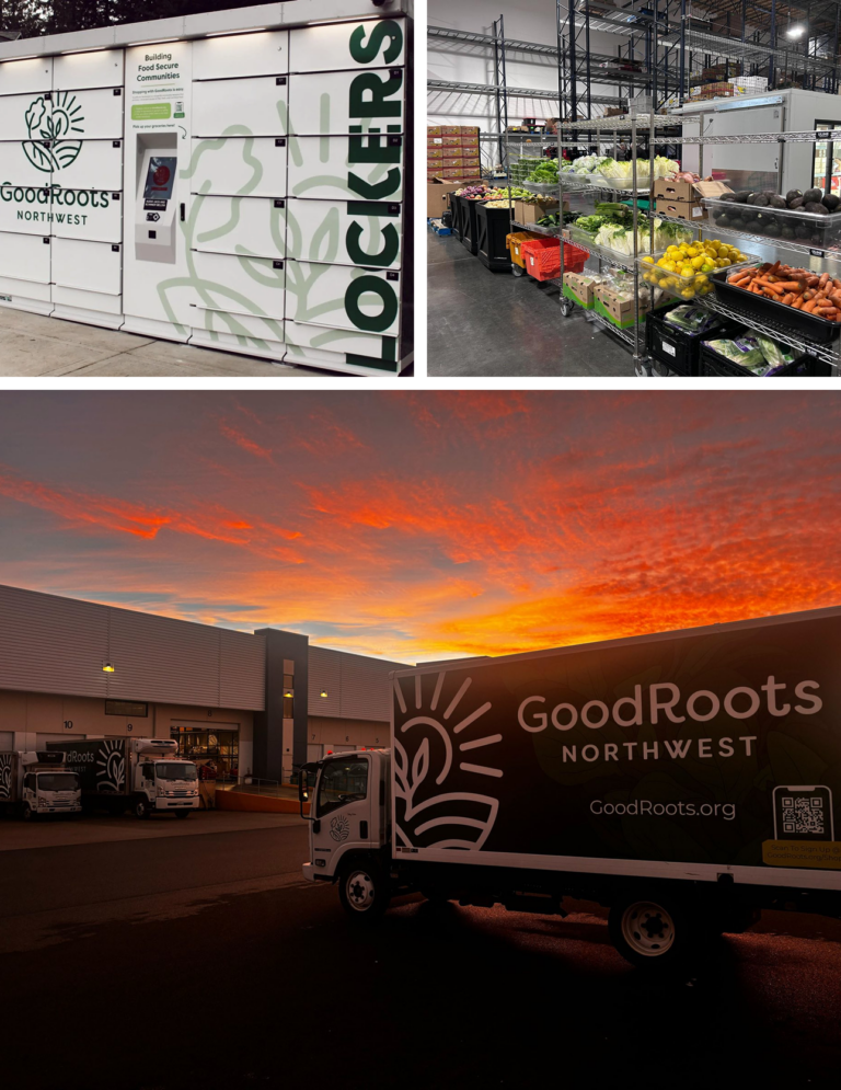 GoodRoots Northwest pickup lockers, fresh produce in their warehouse, and a delivery truck at sunset