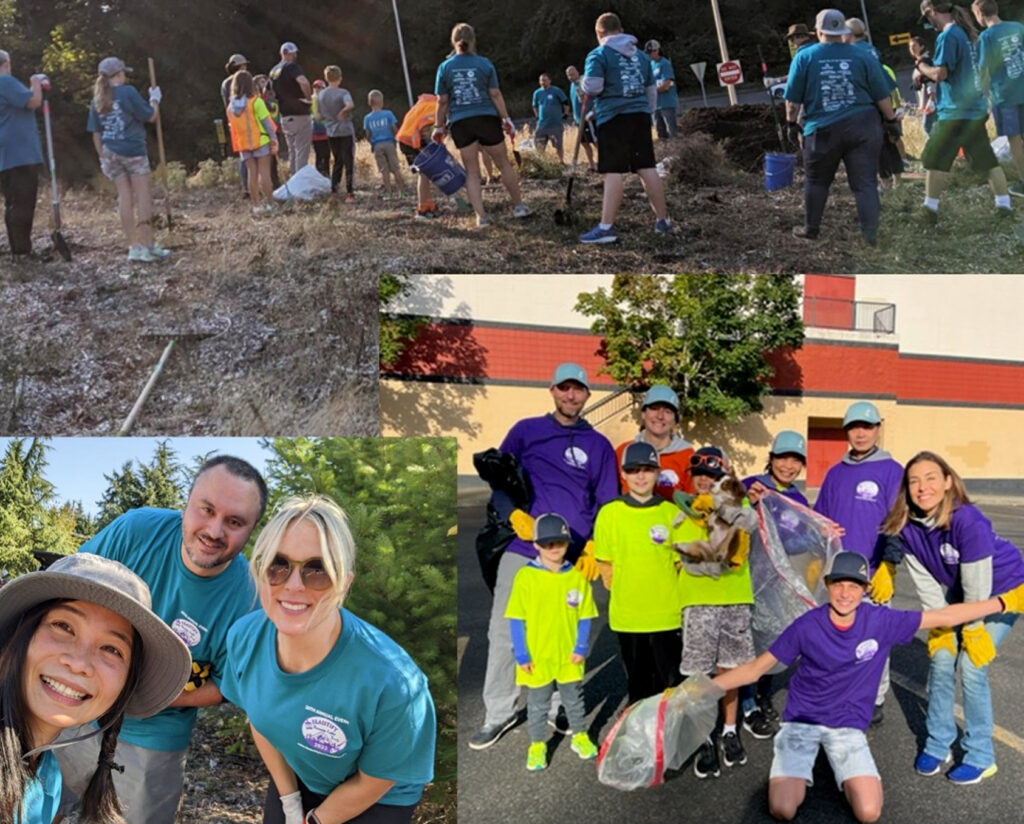 Teeter employees volunteering together — clearing brush at an outdoor work day, posing as a team in front of a school, and gathered with families during a community event