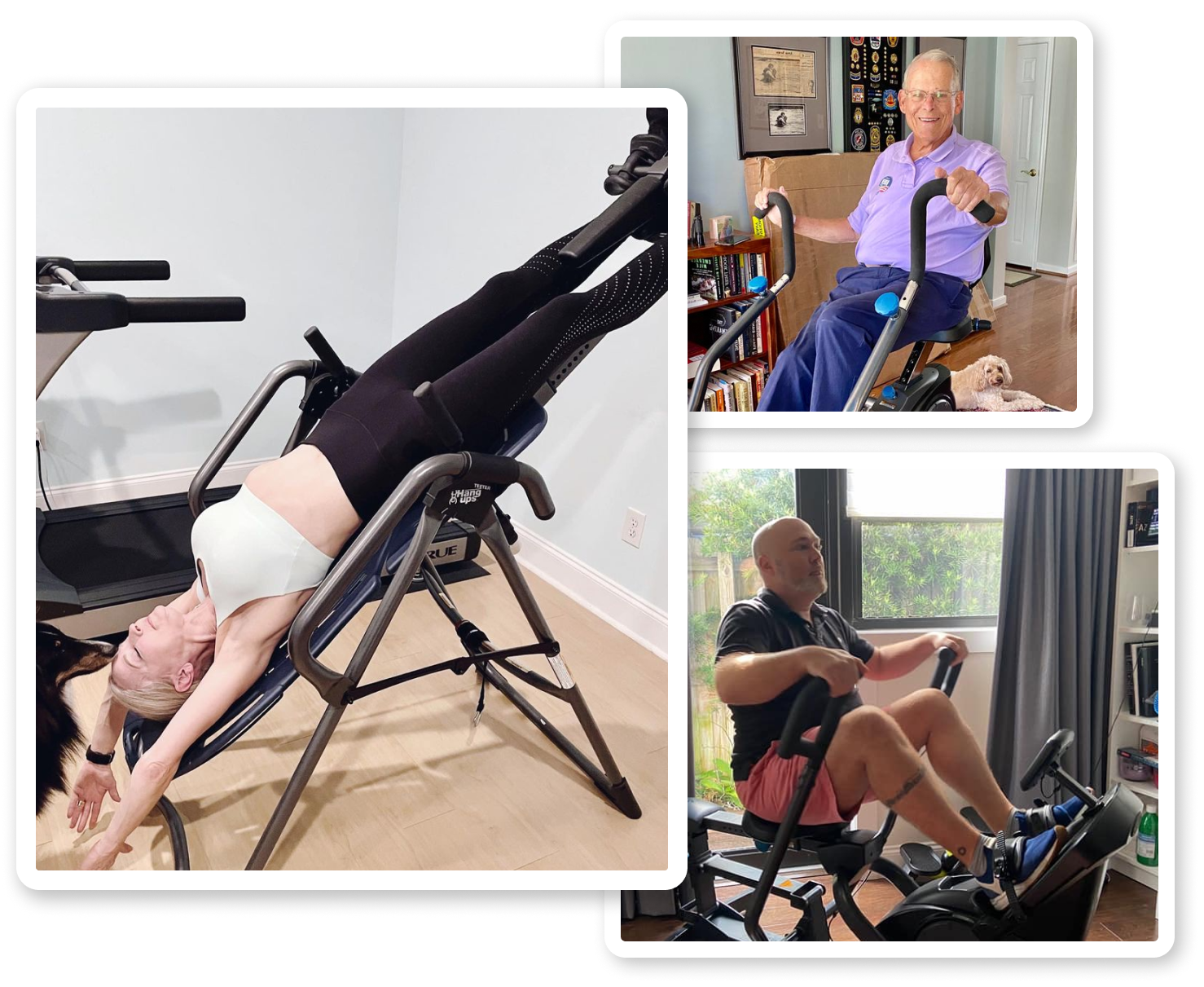 Teeter customers using their FitSpine inversion table and FreeStep recumbent cross trainer at home